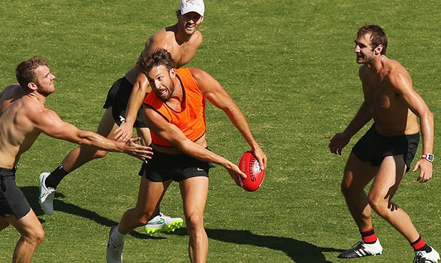 Cale Hooker trains with the banned Bombers at St Bernards in Melbourne on Wednesday - ${keywords}